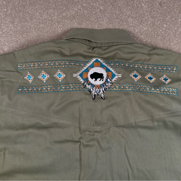 Crazy Cowboy Button Down Green Embroidered Buffalo 100% Cotton Casual Mens Large - Picture 3 of 11
